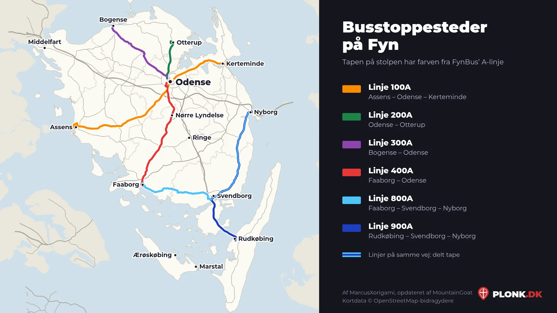 Kort over Fyn med FynBus’ seks A-linjer tegnet i deres farver